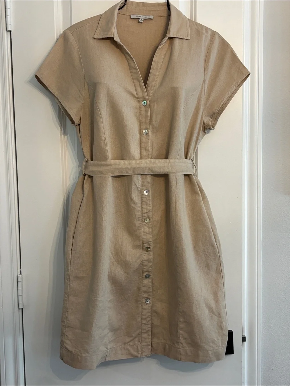 Love Tree Beige Short-Sleeve Collared Linen Blend Button Up Dress with Belt. S